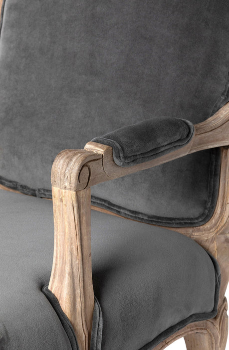 Chloe Velvet Upholstered Arm Chair - Elegant Charcoal Grey with Handcrafted Mango Wood Frame