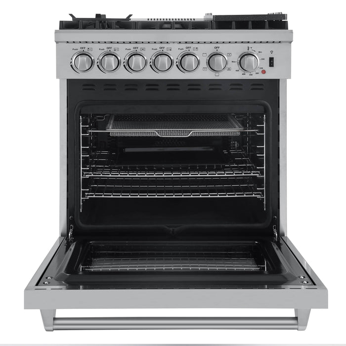 Forno 5-Piece Appliance Package - 30-Inch Dual Fuel Range with Air Fryer, 56-Inch Pro-Style Refrigerator, Wall Mount Hood, Microwave Drawer, & 3-Rack Dishwasher in Stainless Steel