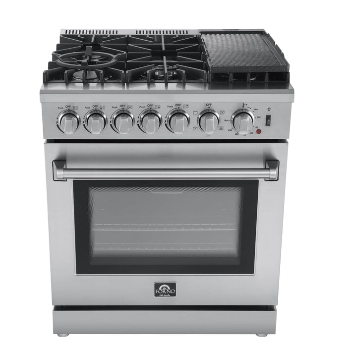 Forno 2-Piece Appliance Package - 30-Inch Dual Fuel Range with Air Fryer & Wall Mount Hood in Stainless Steel