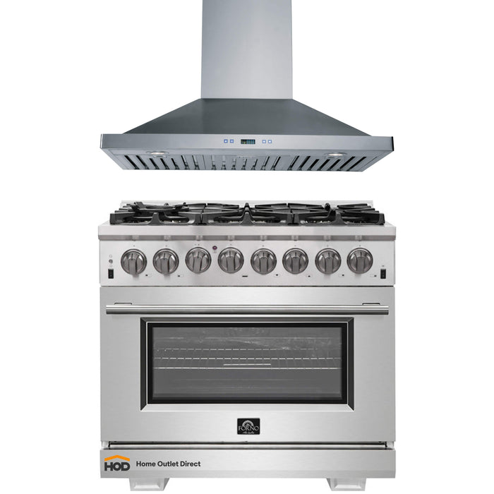 Forno 2-Piece Pro Appliance Package - 36-Inch Dual Fuel Range & Wall Mount Hood in Stainless Steel