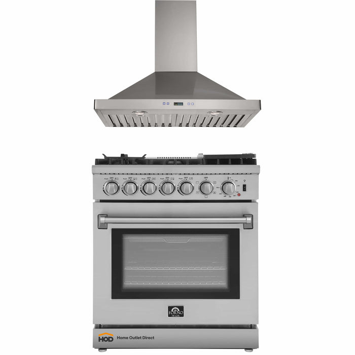 Forno 2-Piece Appliance Package - 30-Inch Dual Fuel Range with Air Fryer & Wall Mount Hood in Stainless Steel