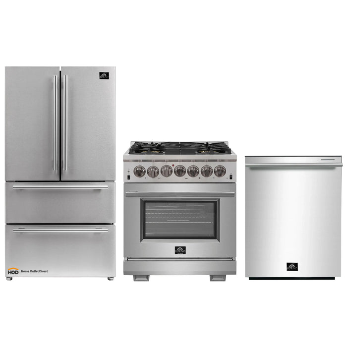 Forno 3-Piece Pro Appliance Package - 30-Inch Dual Fuel Range, French Door Refrigerator, and Dishwasher in Stainless Steel