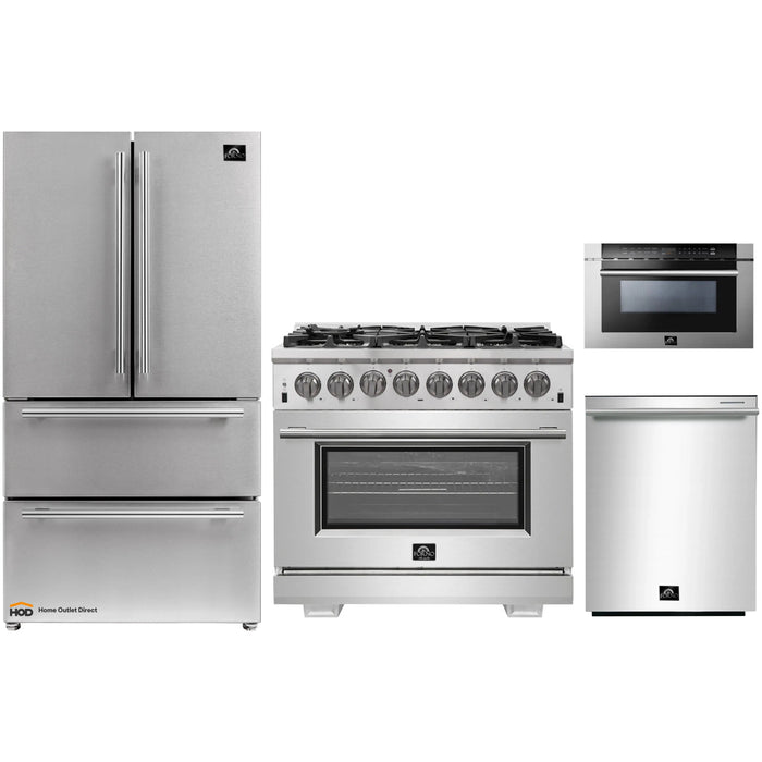 Forno 4-Piece Pro Appliance Package - 36-Inch Dual Fuel Range, Refrigerator, Microwave Drawer, & 3-Rack Dishwasher in Stainless Steel