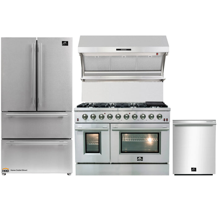 Forno 4-Piece Appliance Package - 48-Inch Gas Range, Refrigerator, Wall Mount Hood with Backsplash, & 3-Rack Dishwasher in Stainless Steel