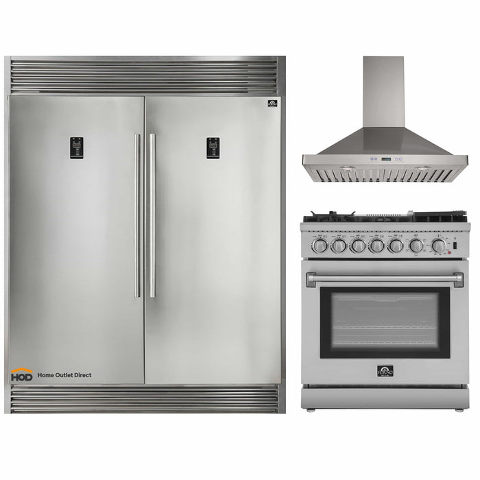 Forno 3-Piece Appliance Package - 30-Inch Dual Fuel Range with Air Fryer, 56-Inch Pro-Style Refrigerator & Wall Mount Hood in Stainless Steel