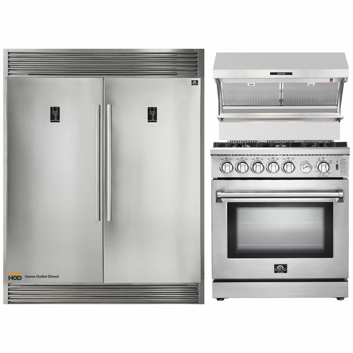 Forno 3-Piece Appliance Package - 30-Inch Gas Range, 56-Inch Pro-Style Refrigerator & Wall Mount Hood with Backsplash in Stainless Steel