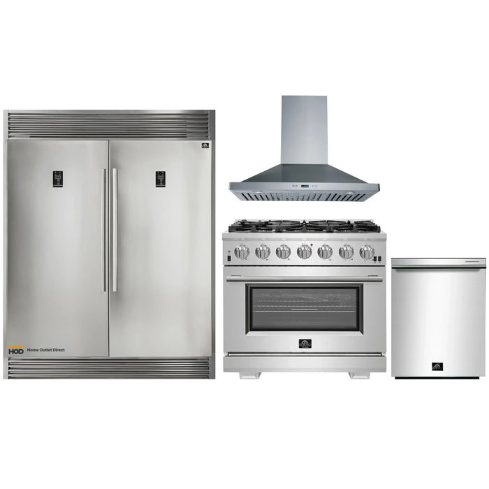 Forno 4-Piece Pro Appliance Package - 36-Inch Gas Range, 56-Inch Pro-Style Refrigerator, Wall Mount Hood, & 3-Rack Dishwasher in Stainless Steel