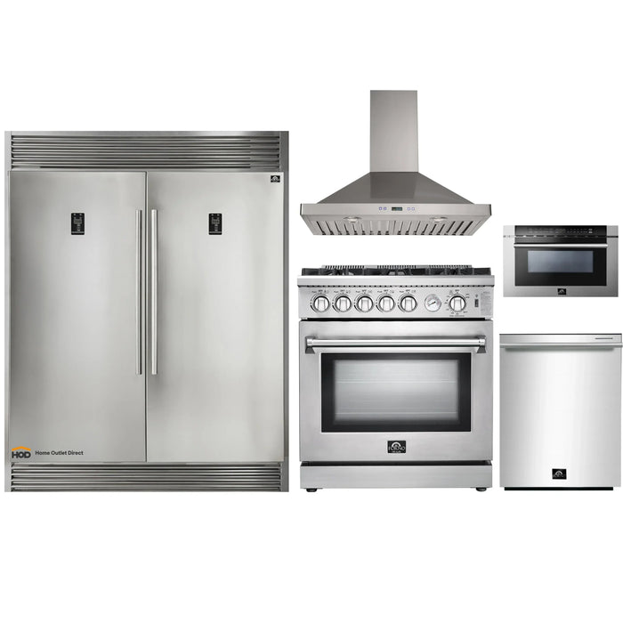 Forno 5-Piece Appliance Package - 30-Inch Gas Range, 56-Inch Pro-Style Refrigerator, Wall Mount Hood, Microwave Drawer, & 3-Rack Dishwasher in Stainless Steel