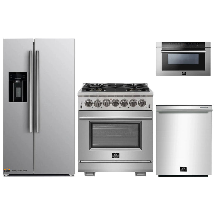 Forno 4-Piece Pro Appliance Package - 30-Inch Dual Fuel Range, Refrigerator with Water Dispenser, Microwave Drawer, & 3-Rack Dishwasher in Stainless Steel