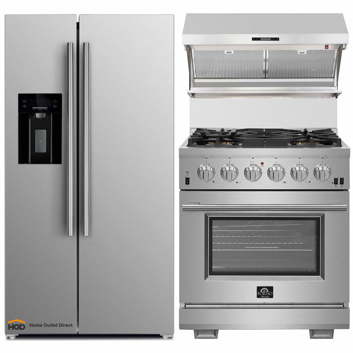 Forno 3-Piece Pro Appliance Package - 30-Inch Gas Range, Refrigerator with Water Dispenser,& Wall Mount Hood with Backsplash in Stainless Steel