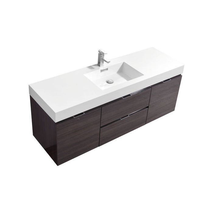 KubeBath Bliss 60" Single Sink High Gloss Gray Oak Wall Mount Modern Bathroom Vanity