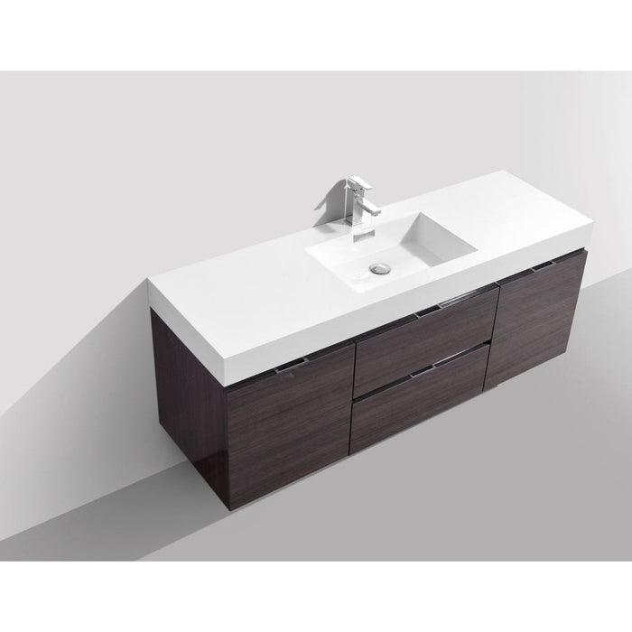 KubeBath Bliss 60" Single Sink High Gloss Gray Oak Wall Mount Modern Bathroom Vanity