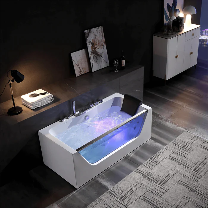 Empava 67" Modern Alcove Whirlpool Bathtub with Center Drain and LED Lights, EMPV-67JT408LED