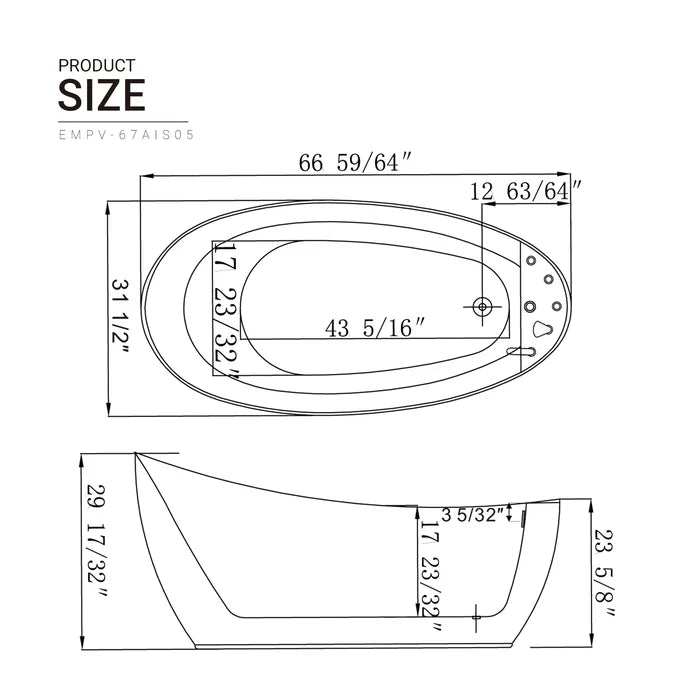 Empava 67" Freestanding Oval Whirlpool Acrylic Bathtub with Faucet, EMPV-67AIS05