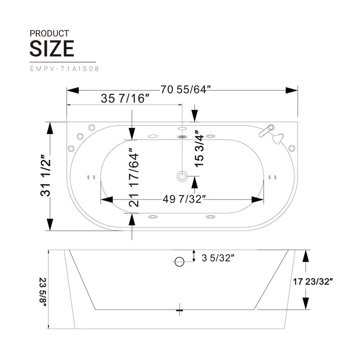 Empava 71" Freestanding Oval Whirlpool Bathtub with Faucet, EMPV-71AIS08