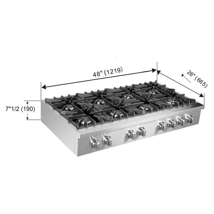 Forno Lseo 48-Inch Gas Range top, 8 Burners, Griddle in Stainless Steel FCTGS5737-48