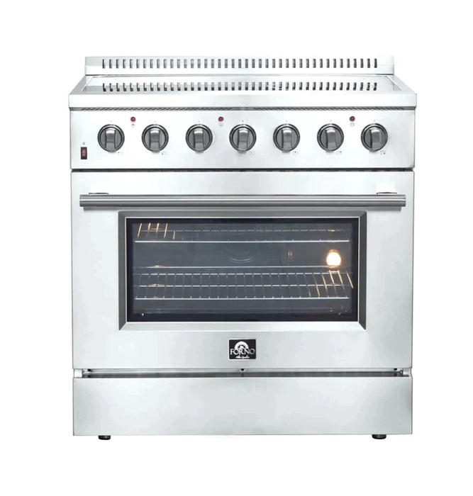 Forno 5-Piece Appliance Package - 36-Inch Electric Range, Wall Mount Range Hood with Backsplash, French Door Refrigerator, Dishwasher, and Microwave Drawer in Stainless Steel