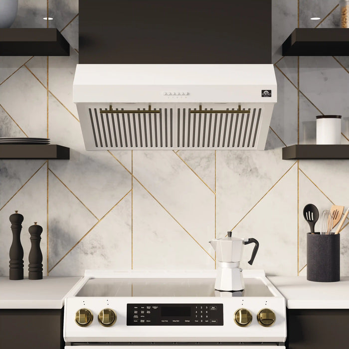 Forno Bari Espresso 30-Inch 400 CFM Under Cabinet Range Hood in White with Brass/Stainless Steel Handle FRHUC5255-30WHT