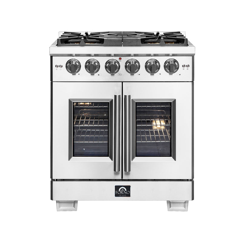 FORNO 30" Capriasca Titanium Gas Range With 4 Burners, Professional Oven, And French Door FFSGS6460-30