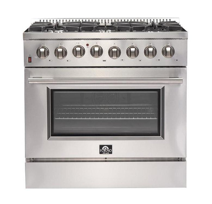 Forno 3-Piece Appliance Package - 36-Inch Dual Fuel Range, Refrigerator with Water Dispenser, & Wall Mount Hood with Backsplash in Stainless Steel