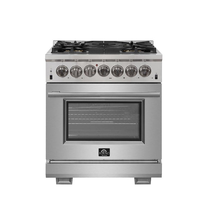 Forno 4-Piece Pro Appliance Package - 30-Inch Dual Fuel Range, Refrigerator with Water Dispenser, Microwave Oven, & 3-Rack Dishwasher in Stainless Steel