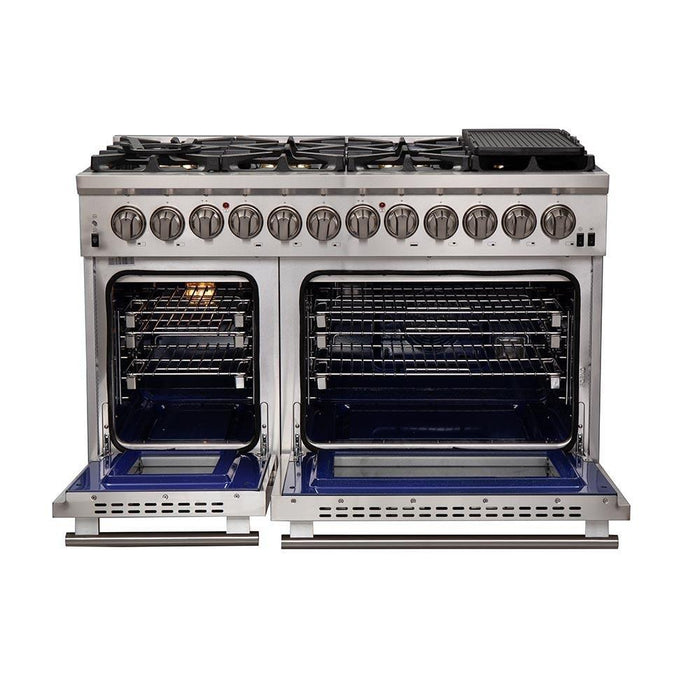 Forno 4-Piece Pro Appliance Package - 48-Inch Dual Fuel Range, Refrigerator with Water Dispenser, Microwave Drawer, & 3-Rack Dishwasher in Stainless Steel