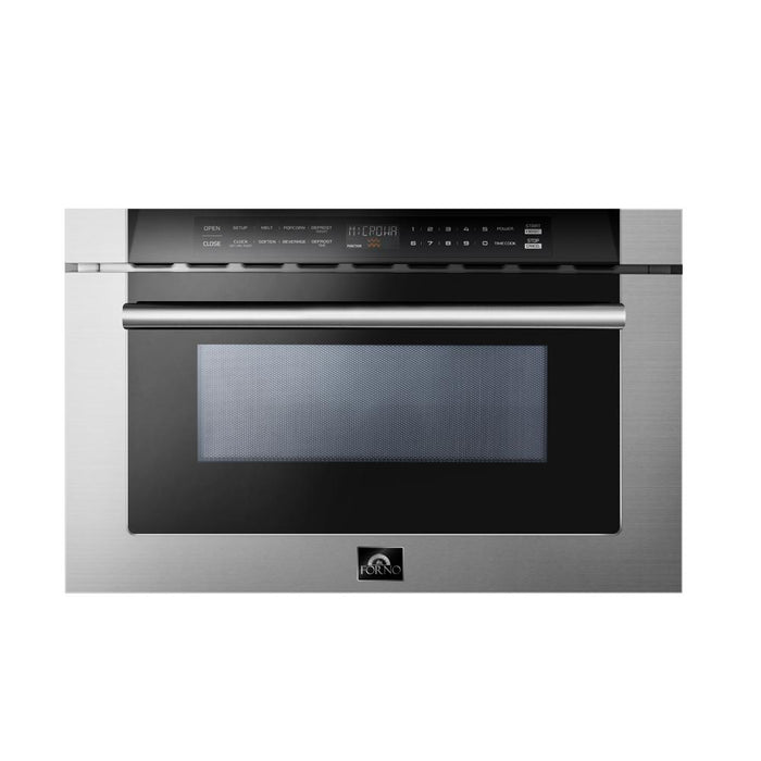 Forno 5-Piece Appliance Package - 30-Inch Gas Range, 56-Inch Pro-Style Refrigerator, Wall Mount Hood, Microwave Drawer, & 3-Rack Dishwasher in Stainless Steel