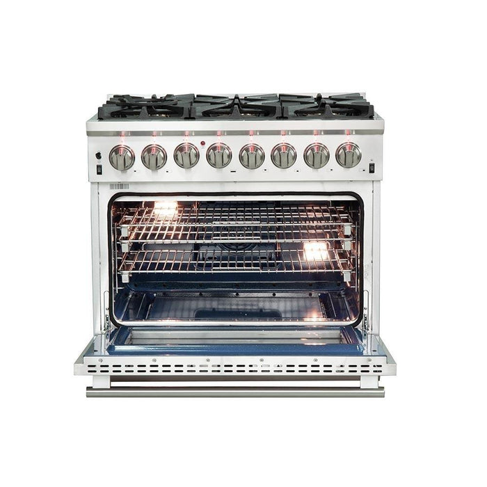 Forno 2-Piece Pro Appliance Package - 36-Inch Dual Fuel Range & Wall Mount Hood with Backsplash in Stainless Steel