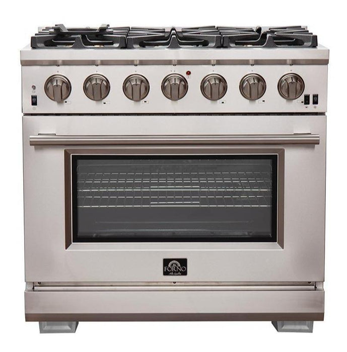 Forno 4-Piece Pro Appliance Package - 36-Inch Gas Range, 56-Inch Pro-Style Refrigerator, Wall Mount Hood, & 3-Rack Dishwasher in Stainless Steel