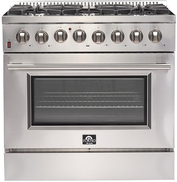 Forno Appliance Package - 36 Inch Dual Fuel Range, Wall Mount Range Hood, Wine Cooler, FWCDR-FFSGS6156-36