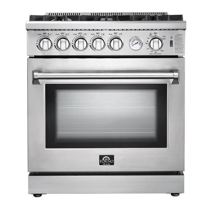 Forno 3-Piece Appliance Package - 30-Inch Gas Range, 56-Inch Pro-Style Refrigerator & Wall Mount Hood with Backsplash in Stainless Steel